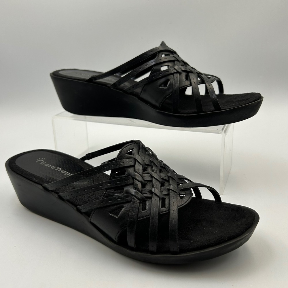 BareTraps Veravee Wedge Sandals Womens 8 Black Leather Woven Slide Comfort Boho
